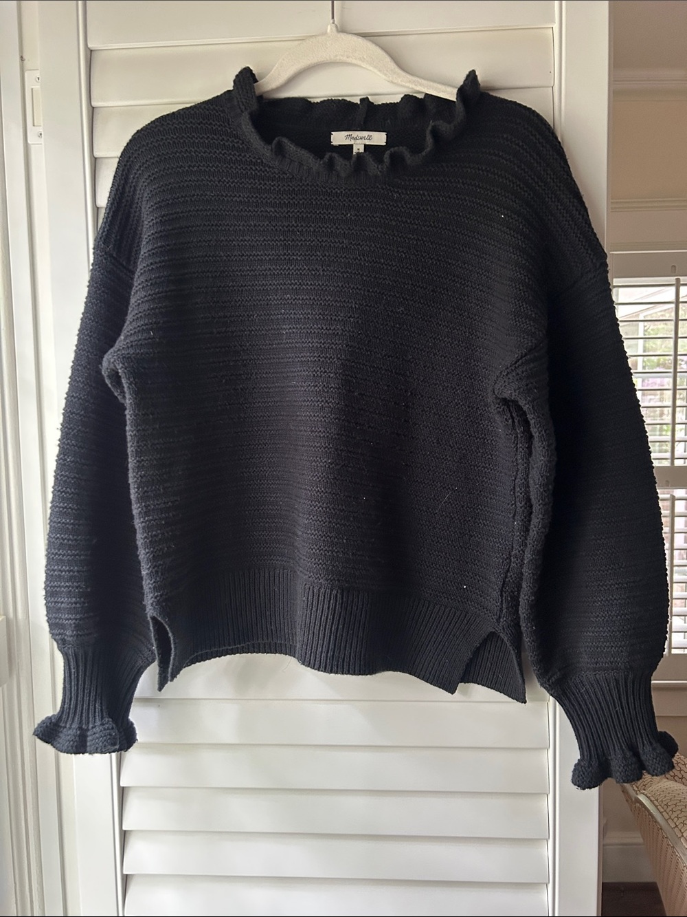Madewell Black Ruffle-Trim Knit Crewneck Sweater
